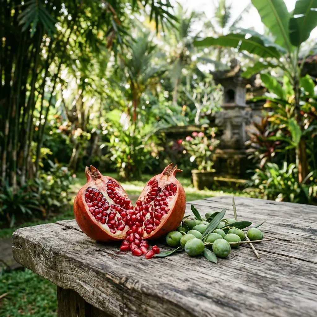 Gambar Khasiat Buah Delima Merah dan Buah Zaitun untuk Imunitas Alami dan Anti-Penuaan Dini